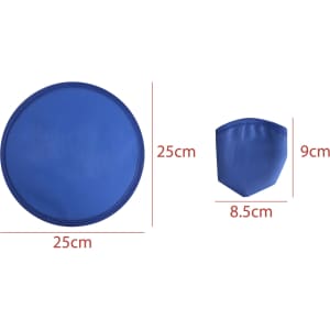 A 25cm foldable frisbee in blue, shown in both its flat and folded form, with a logo visible.