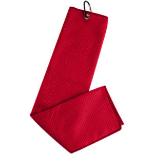 A red waffle golf towel with a metal clip for attachment. It features a textured surface and a folded design.