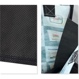 A small tote bag in black with a patterned interior and a logo, showcasing a textured surface.