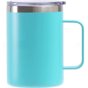 A turquoise stainless steel cup with a handle and a clear lid. It has a simple, modern design and a logo.