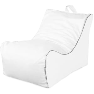 A white outdoor chair with a smooth, modern design and a simplistic shape. It features a handle for easy movement.