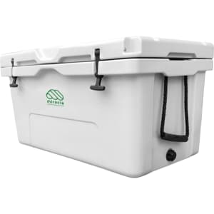 A white 85L cooler box with a logo and black latches, featuring a drainage plug on one side.