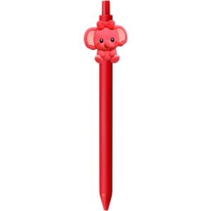 A red pen featuring a cute elephant design with a bow on top and a branded logo.