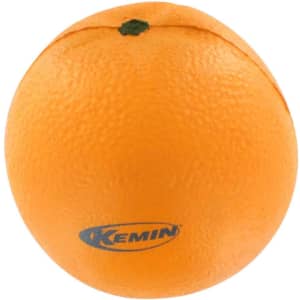 An orange-shaped stress reliever with a textured surface and a green leaf, featuring a logo on the base.