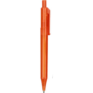 An orange transparent barrel pen with a clip and black ink tip. It features a simple design.