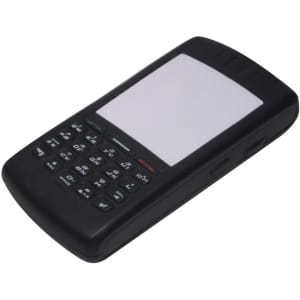 A black mobile phone-shaped stress reliever with buttons and a blank screen. It features a logo on one side.
