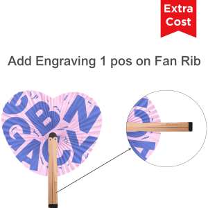 A heart-shaped wooden paper fan featuring a pink design and a wooden handle, with an engraving option available.