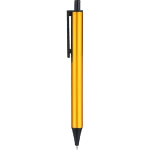 A plastic click pen in a bright orange colour with a black clip and tip, featuring a logo.
