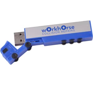 A blue truck-shaped flash drive with a silver body and a logo on it.