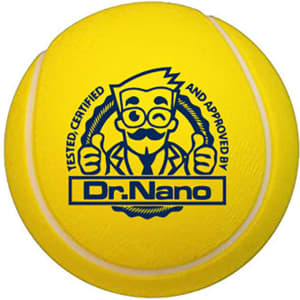 A yellow tennis-shaped stress reliever featuring a logo with a cartoon character and text.