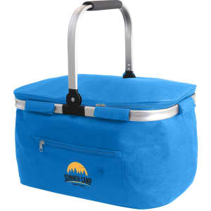 A blue cooler basket with an aluminium handle and a zippered pocket on the front, featuring a logo.