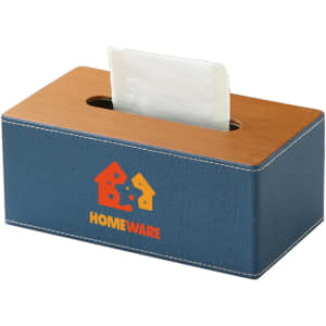 A medium tissue box featuring a blue exterior and wooden top, with a logo on the front.