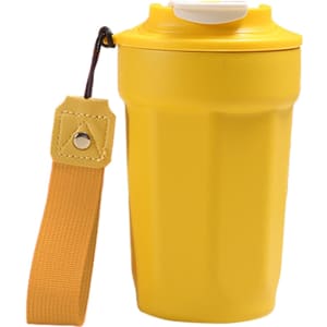 A drink bottle in vibrant yellow with a fitted lid and a strap for easy carrying. It features a logo on the side.