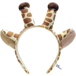 A giraffe-themed headband in brown and beige with ears and horns, featuring a logo on the side.