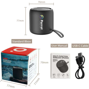 A compact black portable waterproof Bluetooth speaker alongside its box, user manual, and USB-C cable.