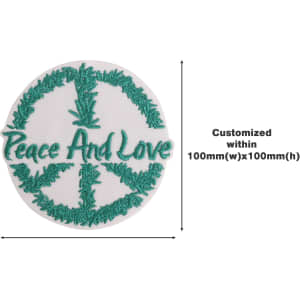 A circular woven patch featuring a peace sign surrounded by green foliage and the text "Peace And Love" in green.