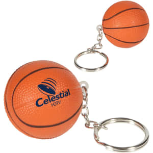 A keyring featuring an orange basketball stress item, complete with a metal keychain and a logo.