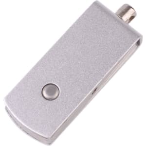 A silver Puller Swivel Flash Drive with a sleek design and a circular button on one side.