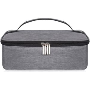A grey portable thermal insulated lunch bag with a zipper closure and a handle on top.