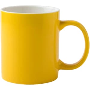 A yellow ceramic mug with a white interior and a sturdy handle. It features a smooth, glossy finish and has a logo.