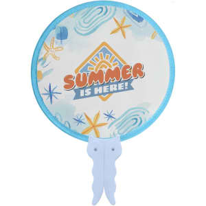 A 20cm foldable fan with a light blue handle and a decorative design featuring summer themes.