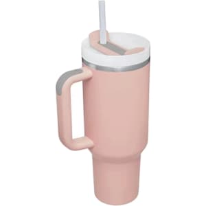 A drink bottle made of stainless steel, featuring a light pink body, a lid, a straw, and a handle.