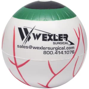 A stress ball shaped like an eye, featuring a white body with red veins and a black and green top. It has a logo.