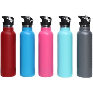 A drink bottle collection featuring five double wall vacuum bottles in red, blue, pink, teal, and grey, each with a flip valve lid.