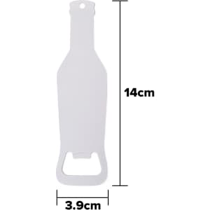 A drink bottle shaped opener in white, featuring a round hole for easy attachment and a logo. Measures 14cm by 3.9cm.