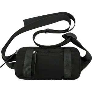 A black travel fanny pack with adjustable straps and a front zipper pocket. It features a logo on the material.