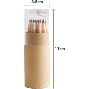 A recycled coloured pencil set in a clear container, featuring pencils in various colours, including red, green, and blue.