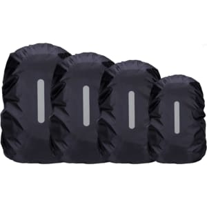 Four black reflective backpack rain covers in varying sizes, featuring a central reflective strip.
