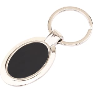 An oval silver keyring with a black centre, featuring a sleek design and a metal ring for attachment.