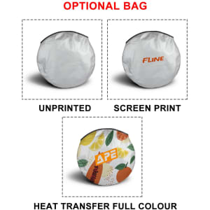 A circular bag featuring a fruit design and two additional plain options. One bag includes printed branding.