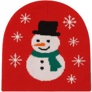 A red beanie featuring a snowman design with a black hat, green scarf, and white snowflake patterns.