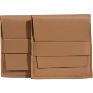 A set of tan PU leather flip jewelry pouches with pockets, featuring a sleek design and a logo.