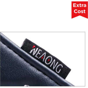 A navy custom blade putter cover featuring a branding tag, designed for golf equipment.