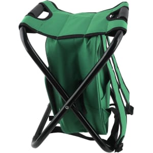A green foldable insulated bag and chair with black handles, featuring a sturdy cross frame design and a logo.