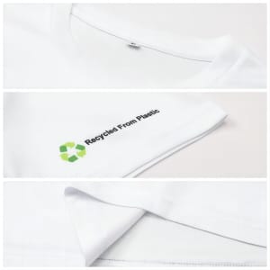A white unisex t-shirt made from recycled plastic, featuring a logo on the sleeve.