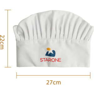 A white adult chef hat with pleats and a logo. Dimensions are 22cm in height and 27cm in width.