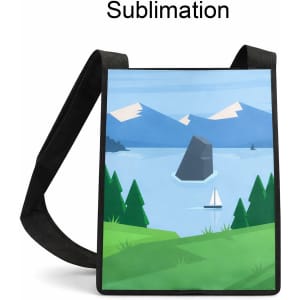 A custom sublimation crossbody bag with a scenic landscape design featuring mountains, water, and trees in green and blue hues.