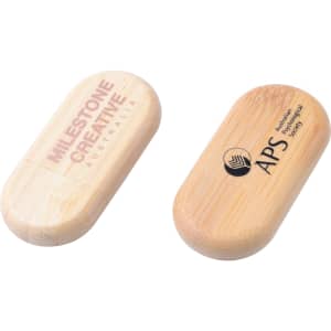 An oblong wooden flash drive with a light brown finish, featuring two logos on either side.
