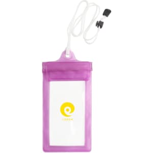 A waterproof phone bag in purple with a neck string and a logo. Ideal for protecting devices from water.