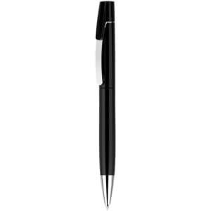 A black pen with a silver clip and nib, featuring a sleek design and a branding logo.