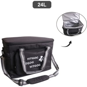 A 24L cooler bag in black with a grey strap and logo, featuring a zipped compartment and insulated interior.