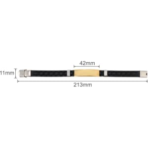 A black stainless steel buckle latch bracelet featuring a gold centrepiece, with a sleek, modern design and a logo.