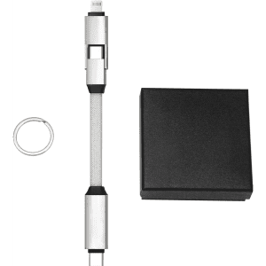 A 60W 3-In-1 aluminium charging cable in silver, accompanied by a black box and a keyring.