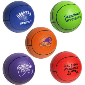 A set of five 100mm basketball-shaped stress relievers in purple, blue, orange, green, and red, each with a logo.