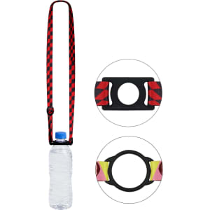 A drink bottle with a black and red checkered lanyard and a colourful holder, designed for convenience.