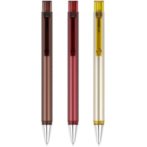 Three flat plastic pens in brown, red, and yellow, each featuring a clip and metallic accents.